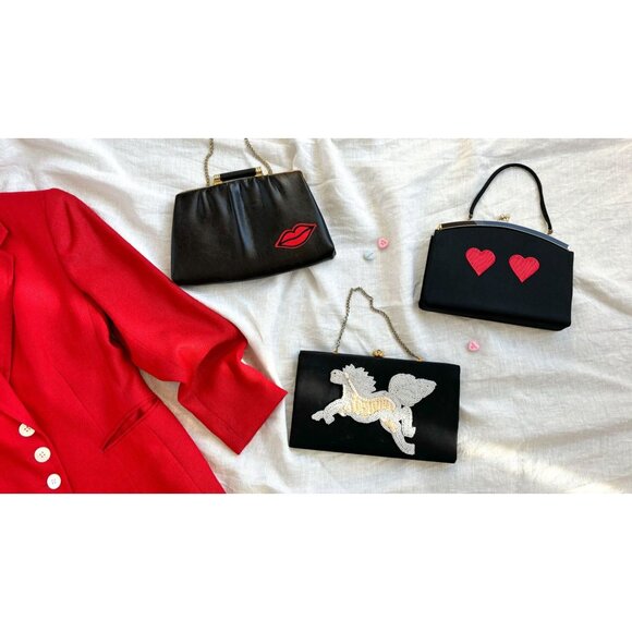 embellished vintage black leather clutch handbag reworked OOAK cherries patch Va - Picture 5 of 7